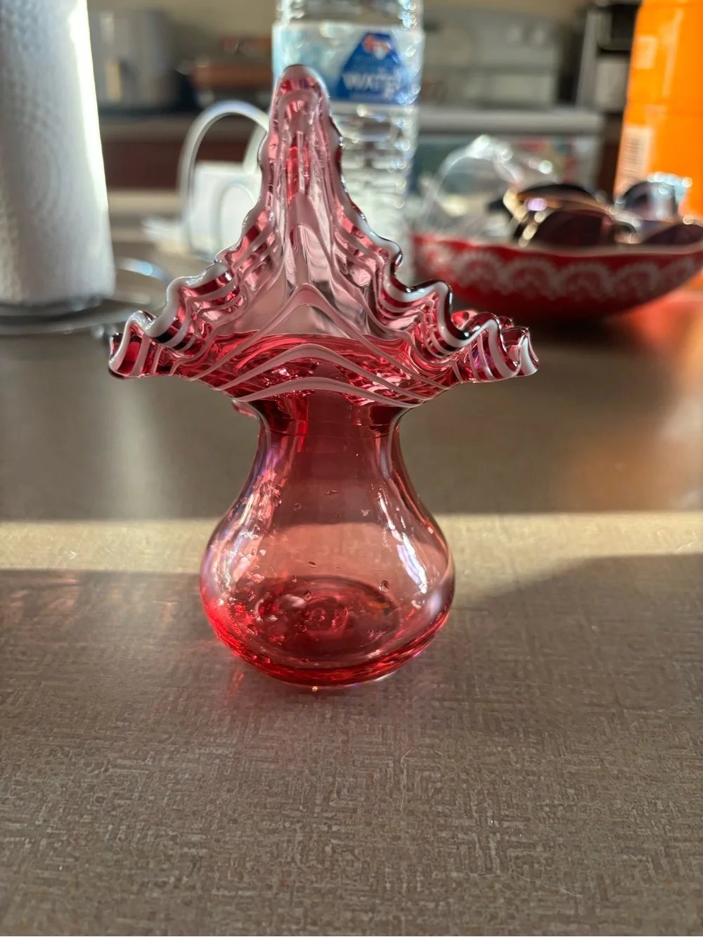 Ruffled Cranberry Glass Decorative Vase - Home Accent